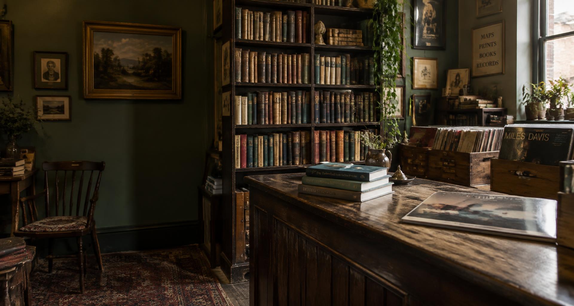 An antiquarian bookshop with shelves of books and vintage records